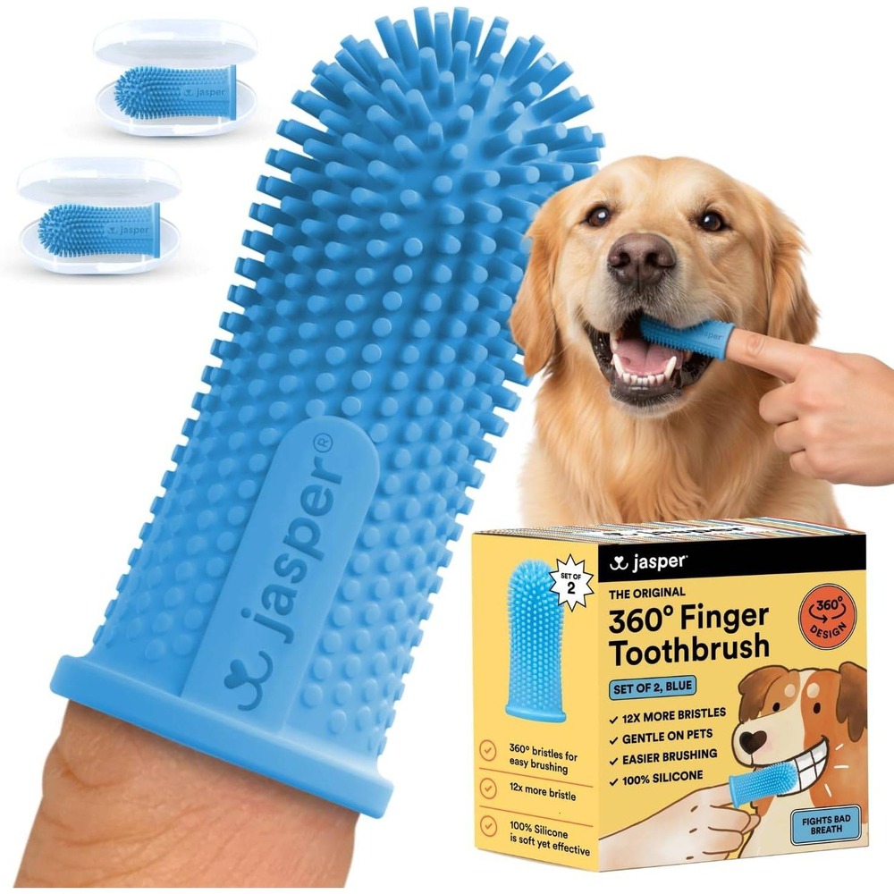 Jasper 360 Degree Finger Toothbrush for Dogs Blue Silicone Set of 2 with Cases